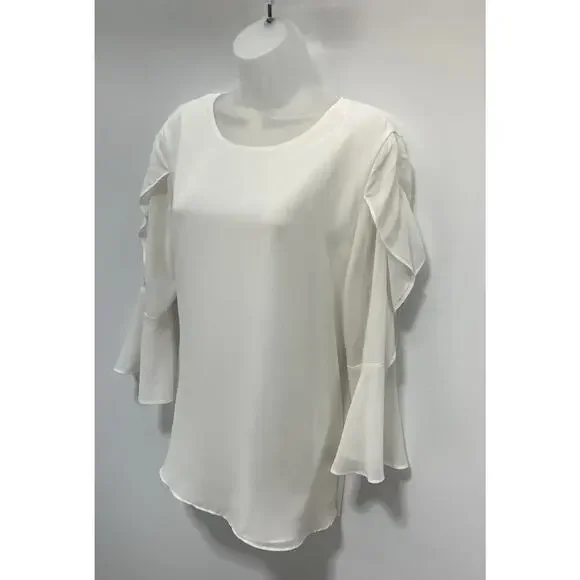Calvin Klein White Ruffle Sleeve Lined Blouse EUC Size Large - Picture 3 of 8